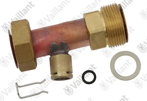 Vaillant Komponente aus Messing und Kupfer, bestehend aus einem Rohr, einer Mutter, Dichtungen und einem Halterungselement.